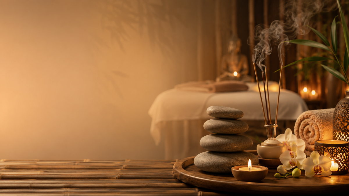Salon de masaj cu atmosferă spa, lumânări și bețișoare parfumate